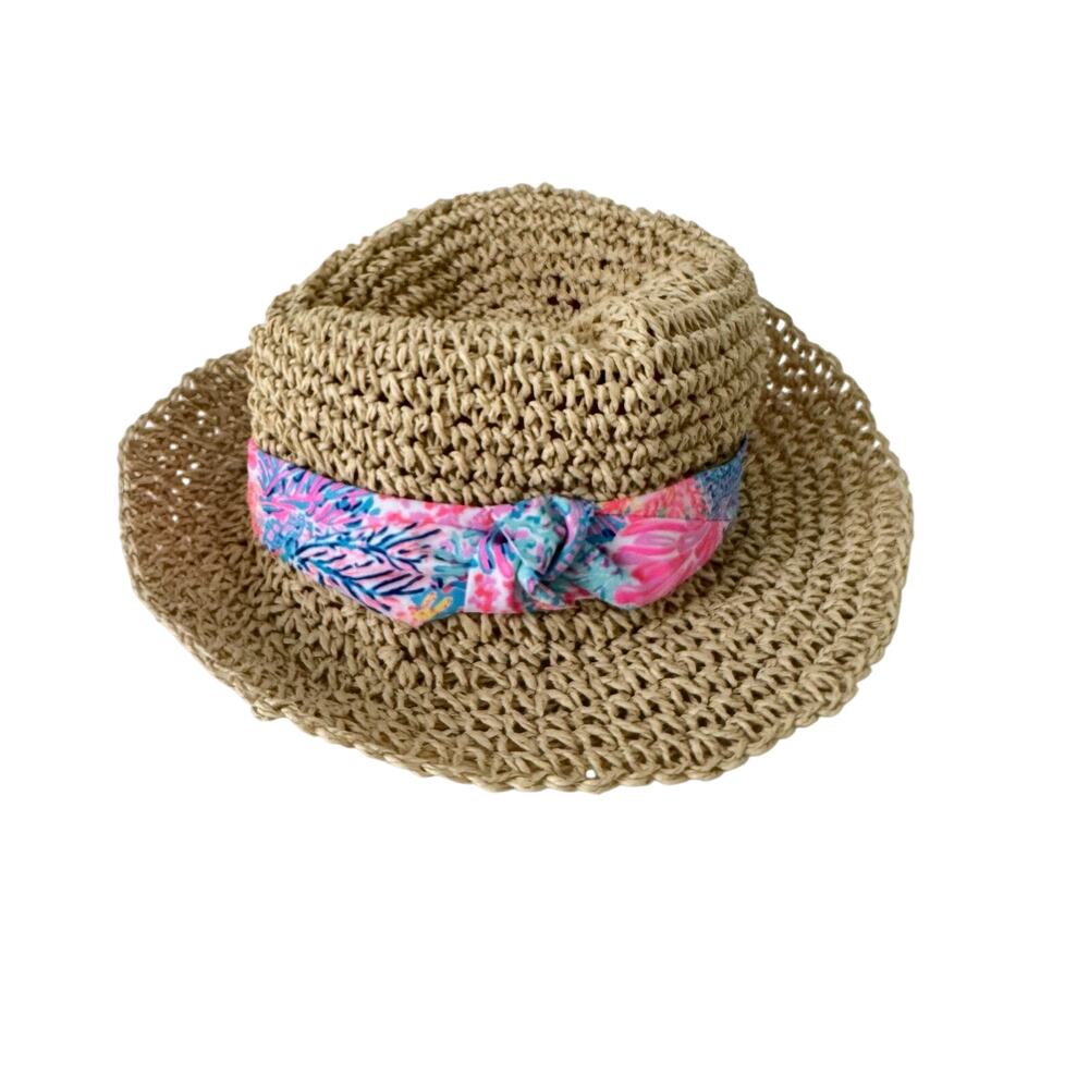 Lilly Pulitzer Paper Straw Bucket Hat Splashdance Lightweight Woven Tan